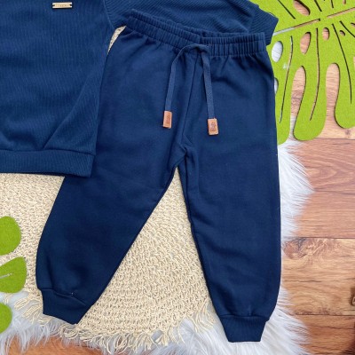 Conj. Blusa Manga Longa em Malha Cotele e Calça de Moletom - Marinho